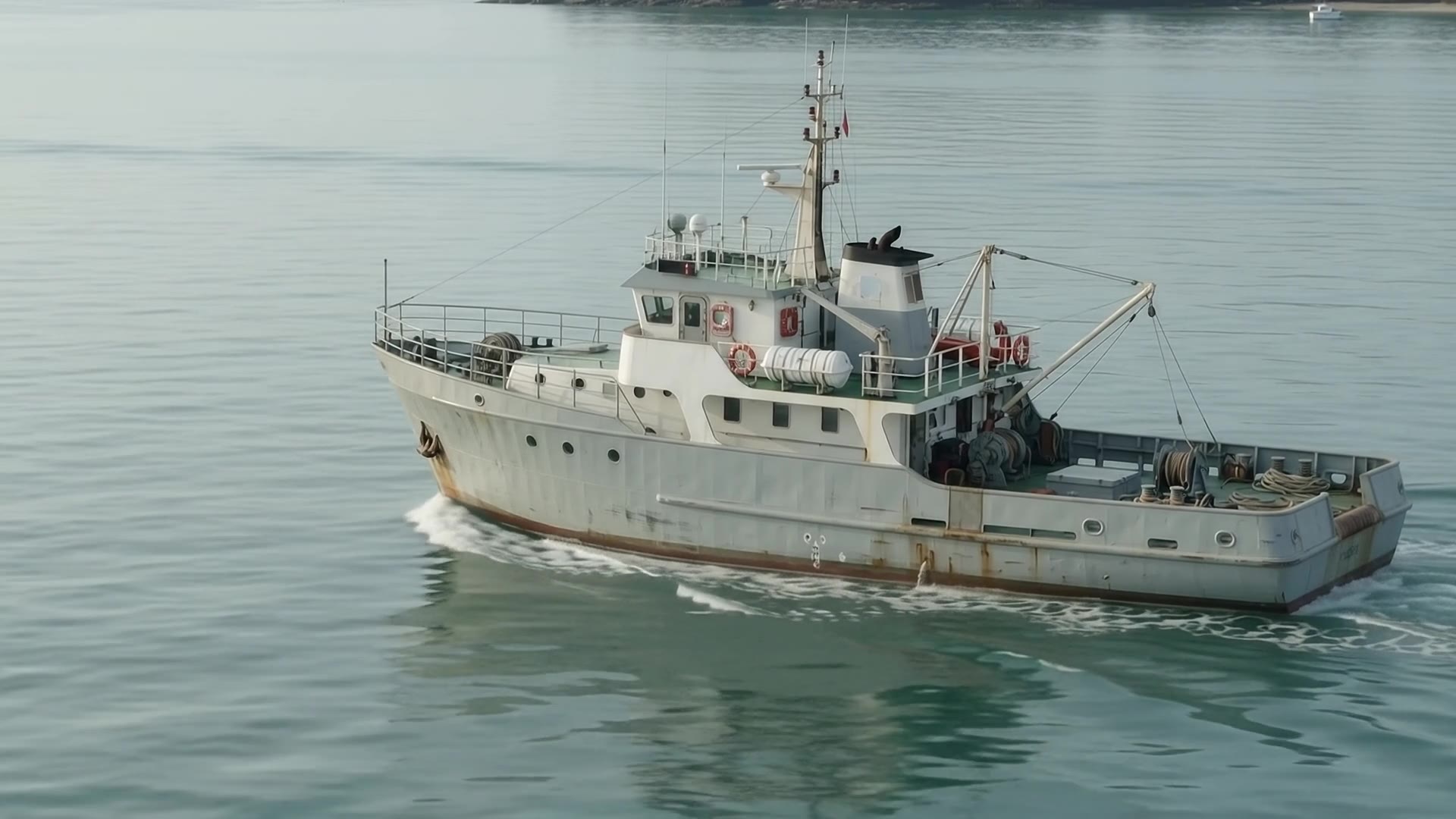 Illustrative expedition vessel travelling through coastal water