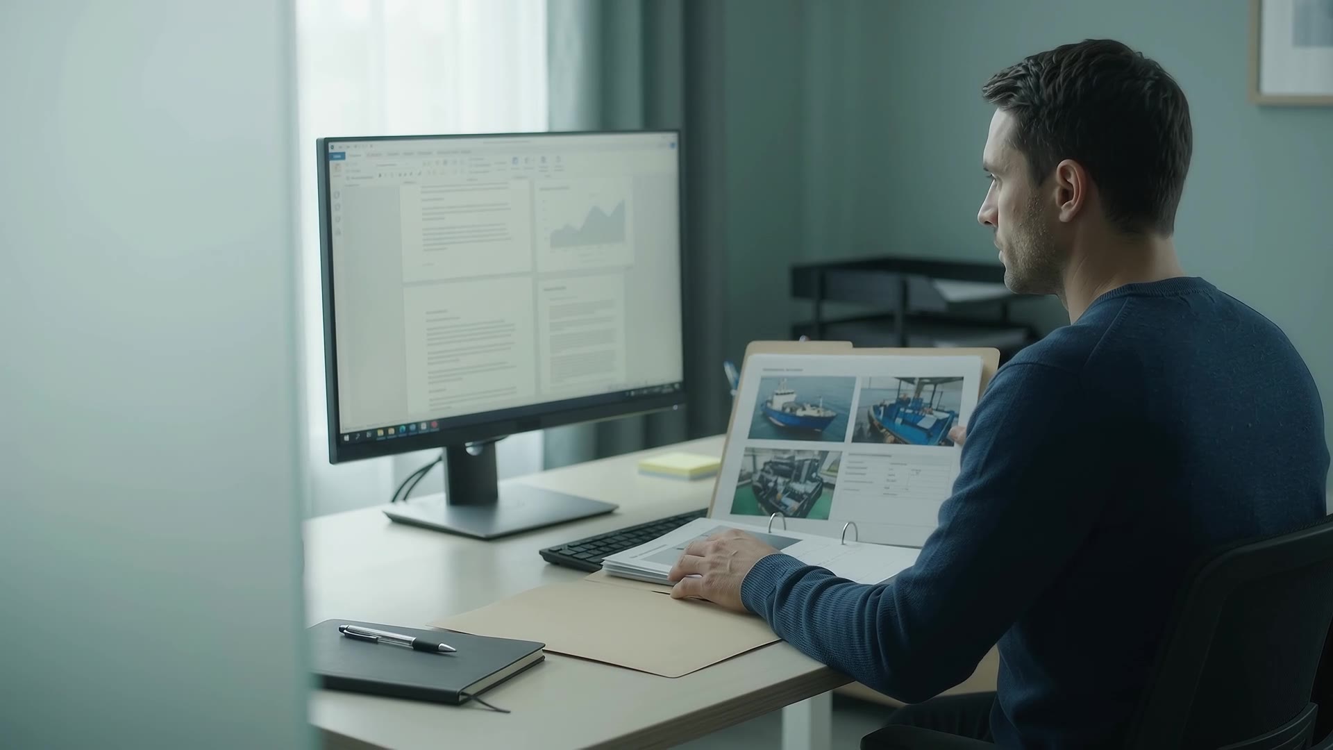 Illustrative review of marine asset evidence at a workstation